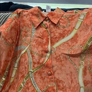 Orange Chain Print Button-Up Shirt